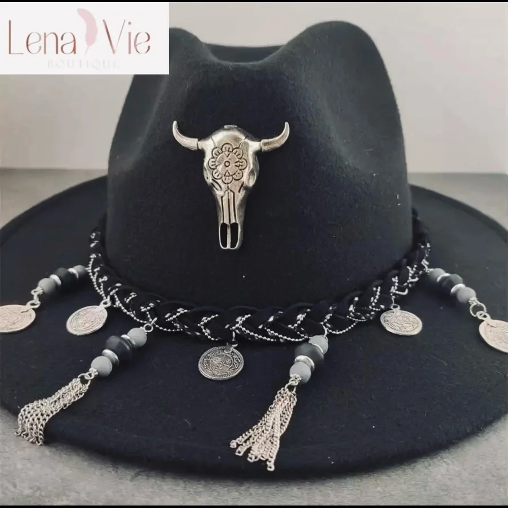 Black Boho Panama Silver Skull Hat With Wide Brim, Fedora Hat, Spring Summer Hat - Picture 2 of 4